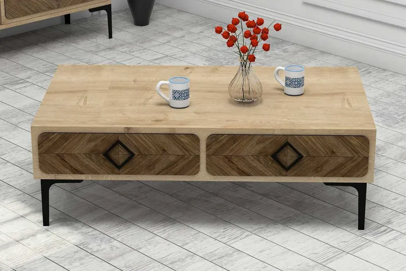 Hovdane Soffbord 105 cm med Förvaring Hylla Fiskbensmönster - Ljusbrun - Möbler - Vardagsrum - Soffbord & vardagsrumsbord - Soffbord