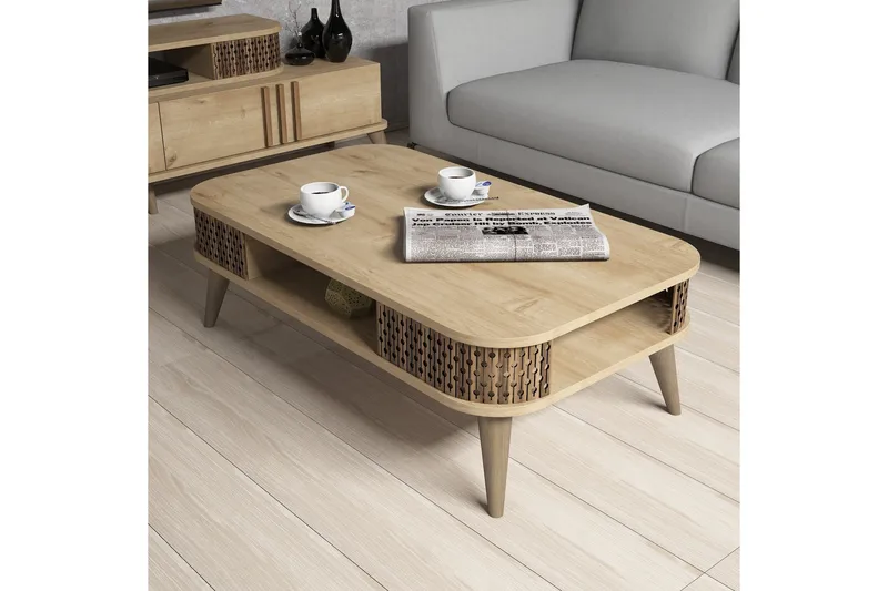 Hovdane Soffbord 105 cm med Förvaring Hylla Runda Hörn - Ljusbrun - Möbler - Vardagsrum - Soffbord & vardagsrumsbord - Soffbord