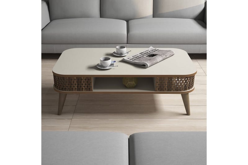 Hovdane Soffbord 105 cm med Förvaring Hylla Runda Hörn - Vit/Brun/Ek - Möbler - Vardagsrum - Soffbord & vardagsrumsbord - Soffbord