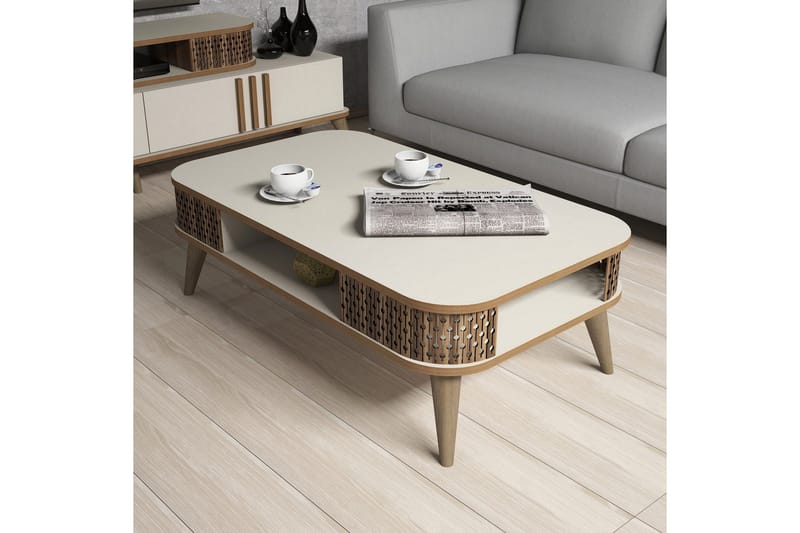 Hovdane Soffbord 105 cm med Förvaring Hylla Runda Hörn - Vit/Brun/Ek - Möbler - Vardagsrum - Soffbord & vardagsrumsbord - Soffbord