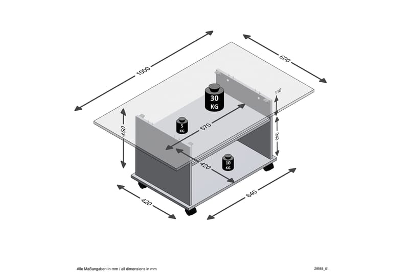 KELLER Soffbord 100 cm med Förvaring Hylla på Hjul Vit/Beton - Möbler - Vardagsrum - Soffbord & vardagsrumsbord - Soffbord