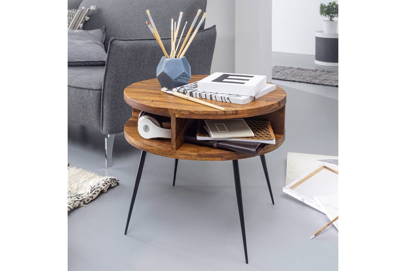 KENITRA Soffbord 60 cm med Förvaring Hylla Runt Massivt Trä/ - Möbler - Vardagsrum - Soffbord & vardagsrumsbord - Soffbord
