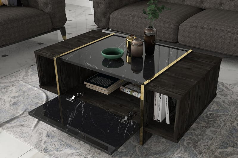 LAMESHIA Soffbord 104cm Marmormönster Förvaring Svart/Guld -   - Bord - Marmorbord - Soffbord