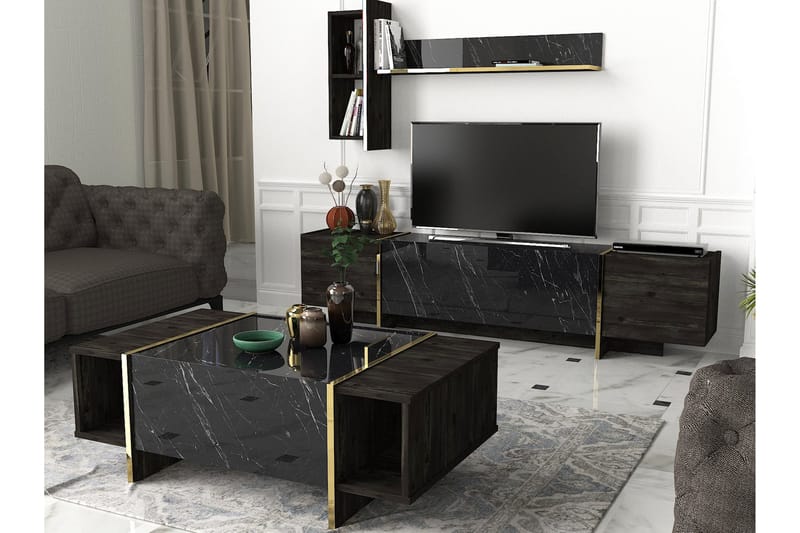 LAMESHIA Soffbord 104cm Marmormönster Förvaring Svart/Guld -   - Bord - Marmorbord - Soffbord