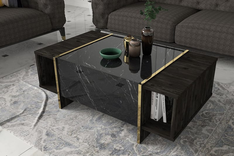 LAMESHIA Soffbord 104cm Marmormönster Förvaring Svart/Guld -   - Bord - Marmorbord - Soffbord