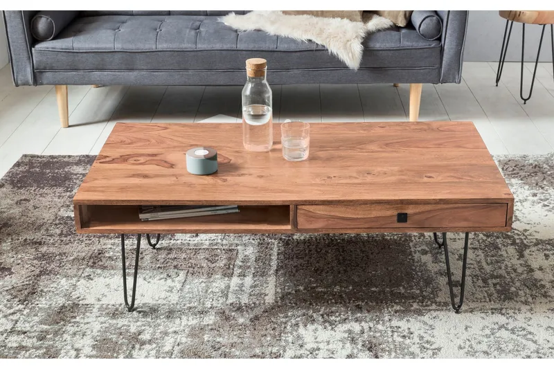 Langner Soffbord 60 cm med Förvaring 2 Lådor + Hyllor - Akacia/Svart - Möbler - Vardagsrum - Soffbord & vardagsrumsbord - Soffbord