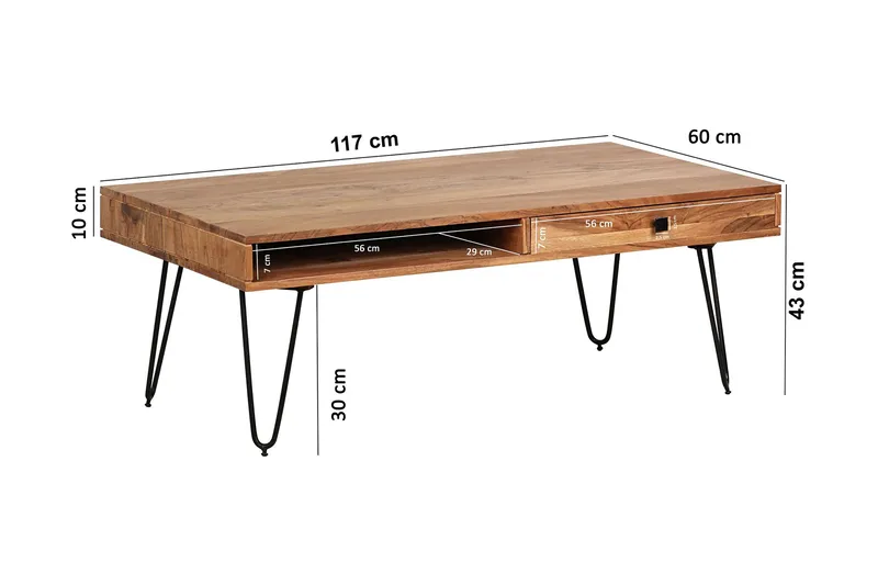 Langner Soffbord 60 cm med Förvaring 2 Lådor + Hyllor - Akacia/Svart - Möbler - Vardagsrum - Soffbord & vardagsrumsbord - Soffbord