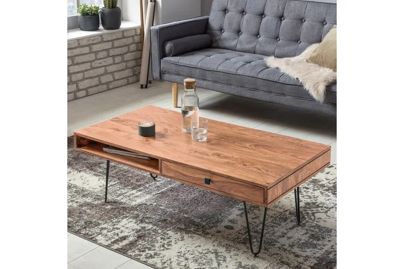 Langner Soffbord 60 cm med Förvaring 2 Lådor + Hyllor - Akacia/Svart - Möbler - Vardagsrum - Soffbord & vardagsrumsbord - Soffbord