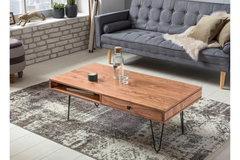 Langner Soffbord 60 cm med Förvaring 2 Lådor + Hyllor - Akacia/Svart - Möbler - Vardagsrum - Soffbord & vardagsrumsbord - Soffbord