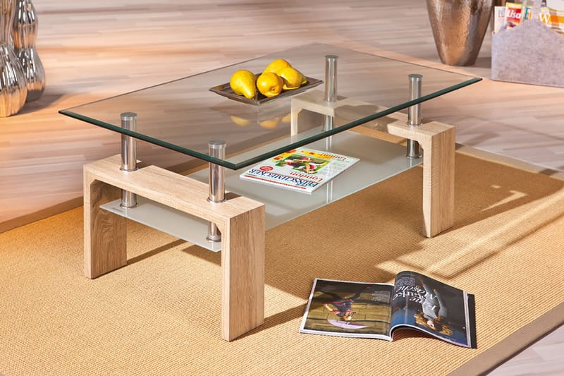 LOANA Soffbord 100 cm med Förvaring Hylla Glas/Vit/Natur - Soffbord - Bord