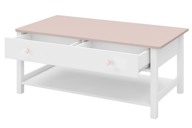 LUNDY Soffbord 110 cm med Förvaring Lådor + Hylla Vit/Rosa - Vit - Möbler - Vardagsrum - Soffbord & vardagsrumsbord - Soffbord