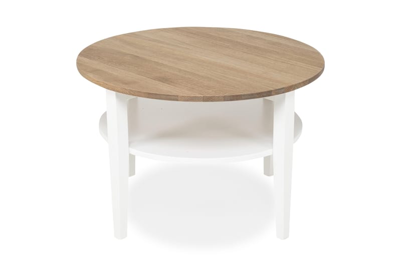 Mantorp Soffbord 80 cm Runt med Förvaring Hylla, Massiv Ek/Vit