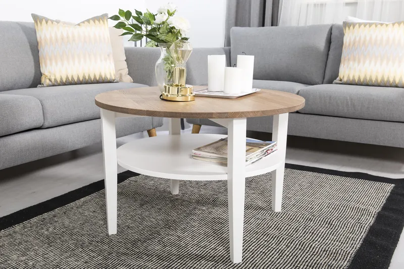 Mantorp Soffbord 80 cm Runt med Förvaring Hylla - Massiv Ek/Vit - Möbler - Vardagsrum - Soffbord & vardagsrumsbord - Soffbord