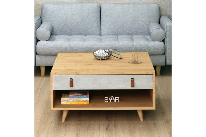 Mod Design Soffbord 80 cm med Förvaring Låda + Hylla Läderbe - Grå/Trä - Möbler - Vardagsrum - Soffbord & vardagsrumsbord - Soffbord