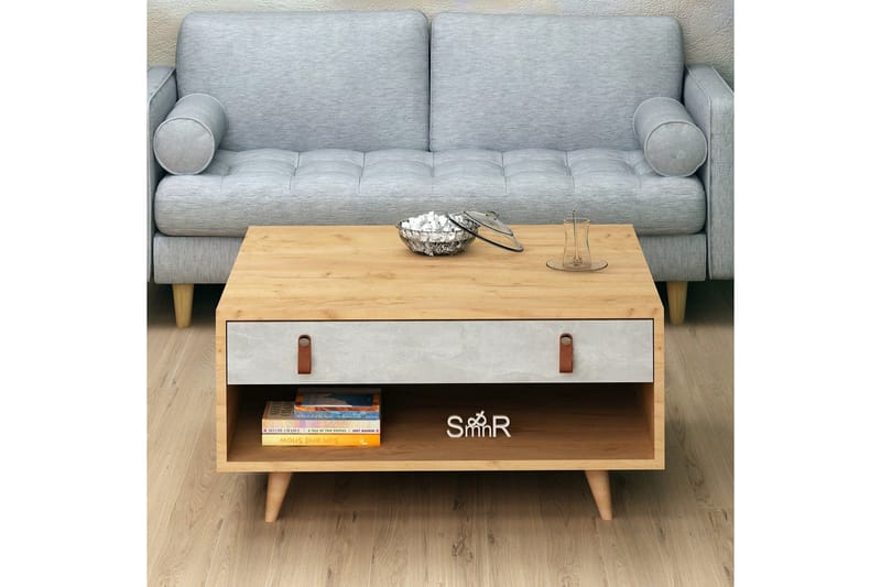 Mod Design Soffbord 80 cm med Förvaring Låda + Hylla Läderbe - Grå/Trä - Möbler - Vardagsrum - Soffbord & vardagsrumsbord - Soffbord