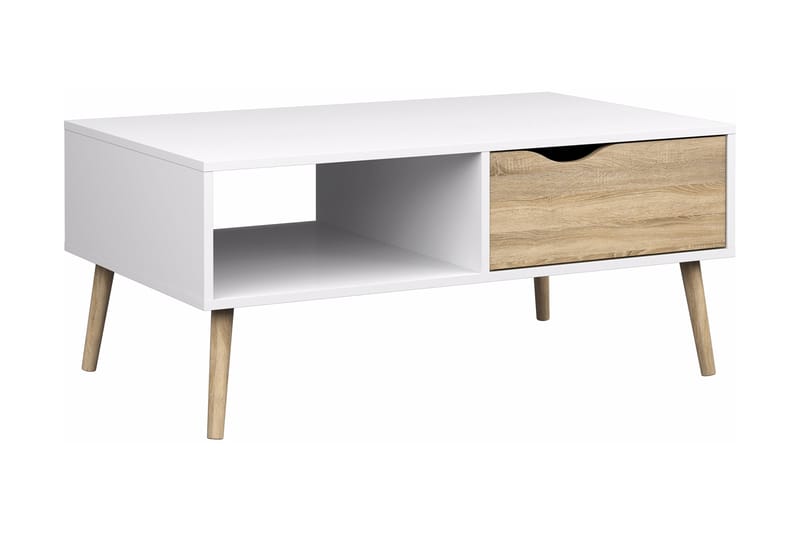 ORINO Soffbord 99 cm med Förvaring Låda + Hylla Vit/Ekfärg - Soffbord - Bord