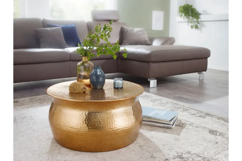 Osagie 60 cm Runt Soffbord i Metall med Hamrad Trumform, Guld