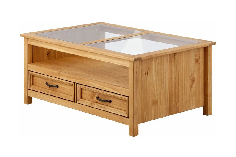 Purnima Soffbord 100 cm med Förvaring 2 Lådor + Hylla - Glas/Brun - Möbler - Vardagsrum - Soffbord & vardagsrumsbord - Soffbord
