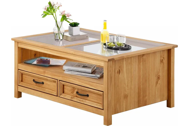 Purnima Soffbord 100 cm med Förvaring 2 Lådor + Hylla - Glas/Brun - Möbler - Vardagsrum - Soffbord & vardagsrumsbord - Soffbord