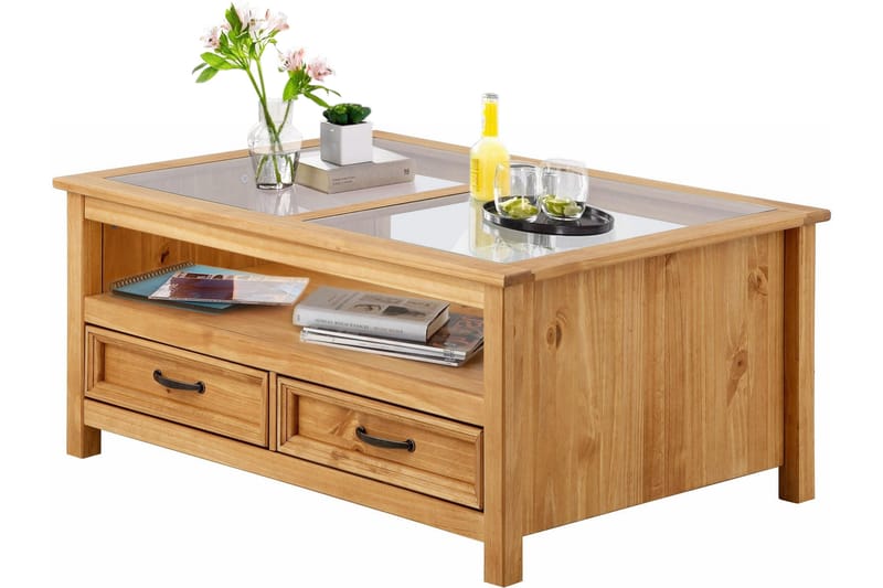 Purnima Soffbord 100 cm med Förvaring 2 Lådor + Hylla - Glas/Brun - Möbler - Vardagsrum - Soffbord & vardagsrumsbord - Soffbord