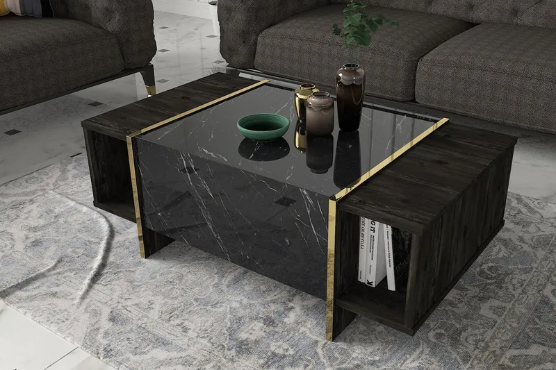 Riello Soffbord 104 cm med Förvaring Hyllor + Lucka - Svart/Guld - Möbler - Vardagsrum - Soffbord & vardagsrumsbord - Soffbord