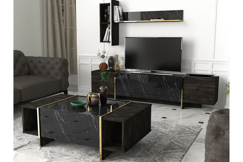 Riello Soffbord 104 cm med Förvaring Hyllor + Lucka - Svart/Guld - Möbler - Vardagsrum - Soffbord & vardagsrumsbord - Soffbord