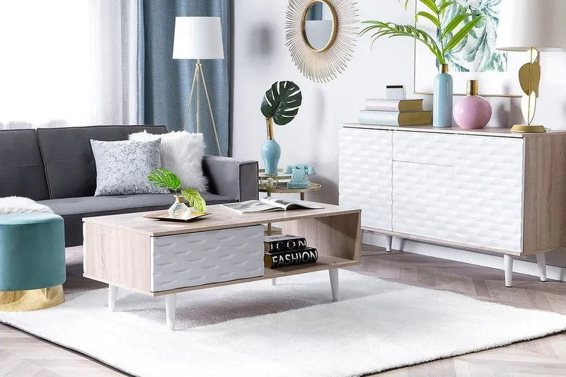 Swanea Soffbord 120 cm med Förvaring Skåp + Hylla - Ljusbrun/Vit - Möbler - Vardagsrum - Soffbord & vardagsrumsbord - Soffbord