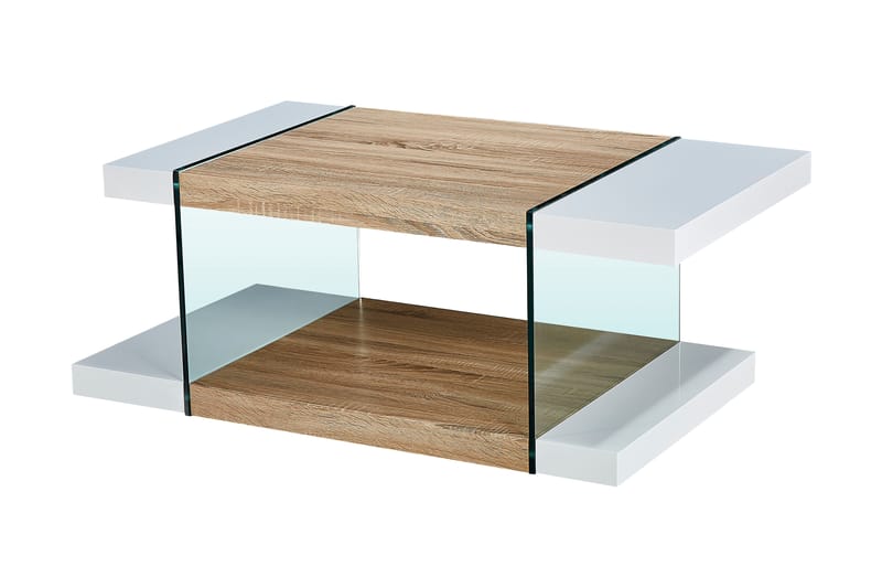 SWEETPO Soffbord 120 cm med Förvaring Hylla Glas/Vit/Brun - Soffbord - Bord