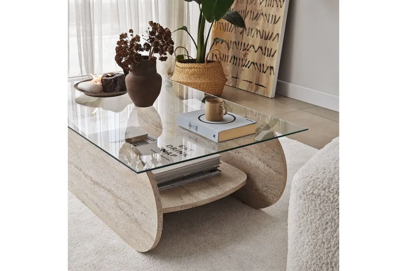 Soffbord Tevrin Travertin / Transparent - Travertin / Transparent - Möbler - Vardagsrum - Soffbord & vardagsrumsbord - Soffbord