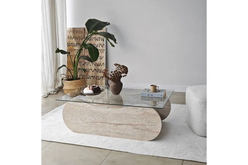 Soffbord Tevrin Travertin / Transparent - Travertin / Transparent - Möbler - Vardagsrum - Soffbord & vardagsrumsbord - Soffbord