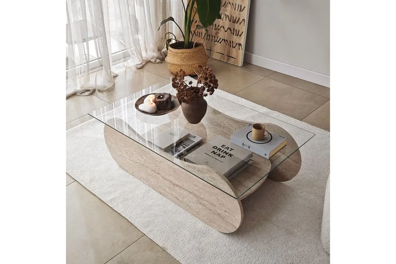 Soffbord Tevrin Travertin / Transparent - Travertin / Transparent - Möbler - Vardagsrum - Soffbord & vardagsrumsbord - Soffbord