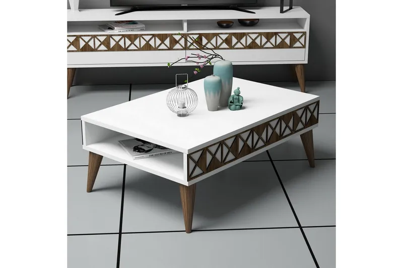 TUERO Soffbord 90 cm med Förvaring Hylla Vit/Brun