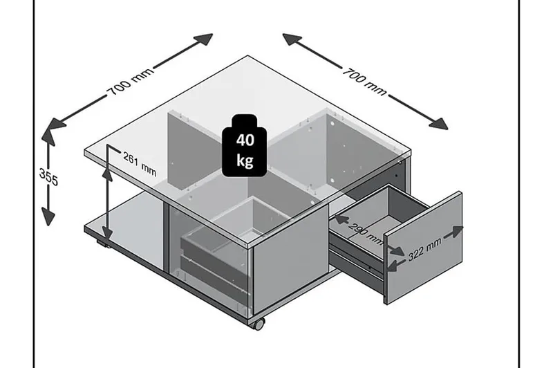 Twin Soffbord 70 cm med Förvaring Lådor på Hjul - Vit/Betonggrå - Möbler - Vardagsrum - Soffbord & vardagsrumsbord - Soffbord