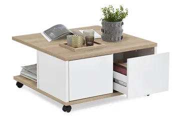 Twin Soffbord 70 cm med Förvaring Lådor på Hjul - Vit/Ljus Ekfärg - Möbler - Vardagsrum - Soffbord & vardagsrumsbord - Soffbord