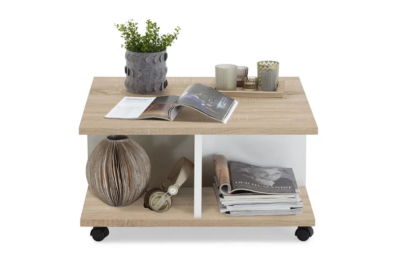 Twin Soffbord 70 cm med Förvaring Lådor på Hjul - Vit/Ljus Ekfärg - Möbler - Vardagsrum - Soffbord & vardagsrumsbord - Soffbord