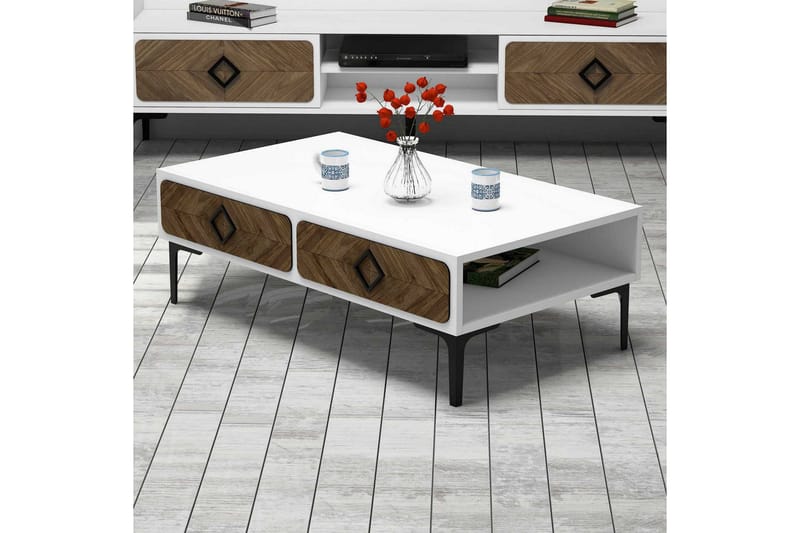 VARRED Soffbord 105 cm m Förvaring Hylla Fiskbensmönster Vit - Möbler - Vardagsrum - Soffbord & vardagsrumsbord - Soffbord