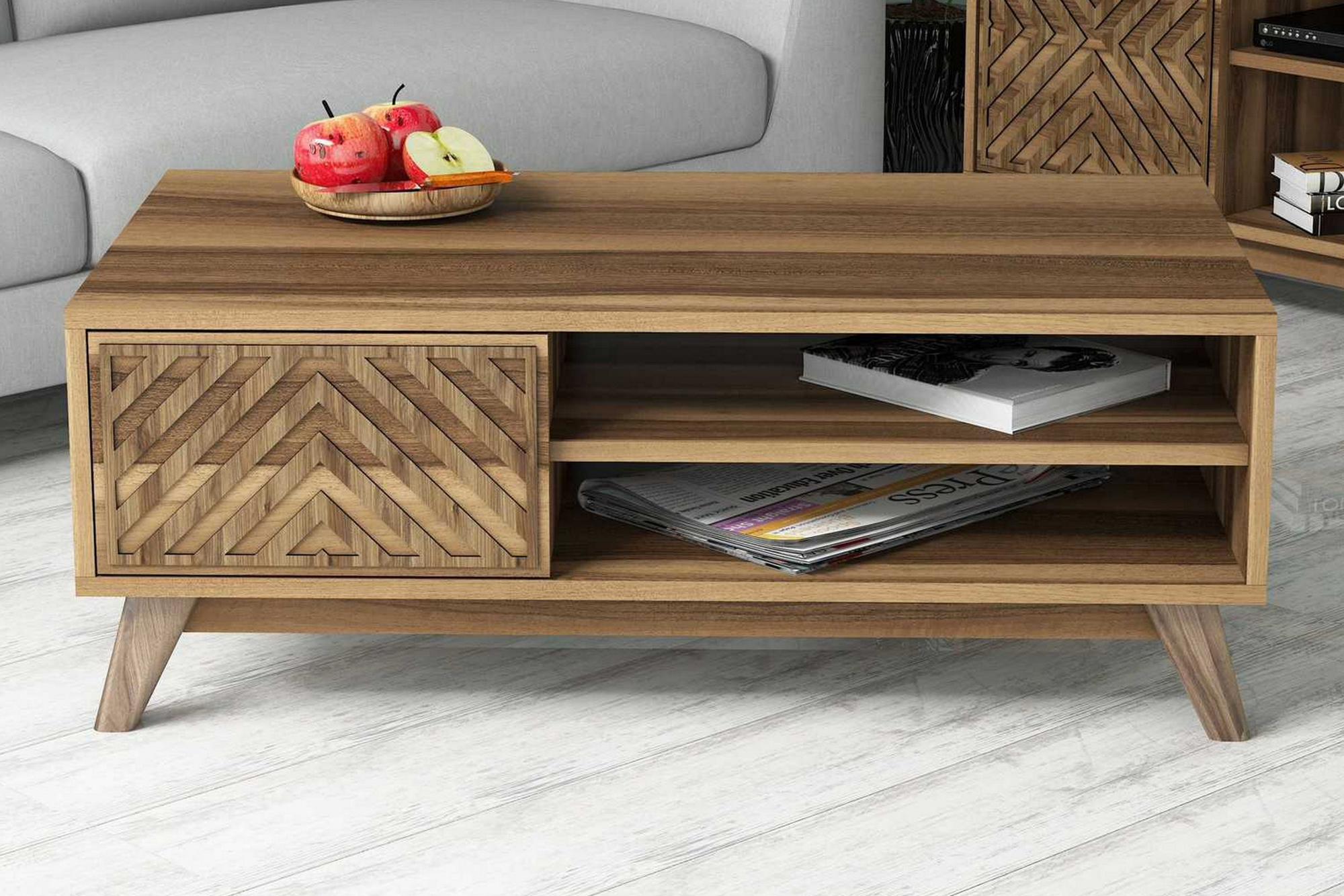 varred soffbord 105 cm med skåp + 2 hyllor linjer valnötsbru - brun