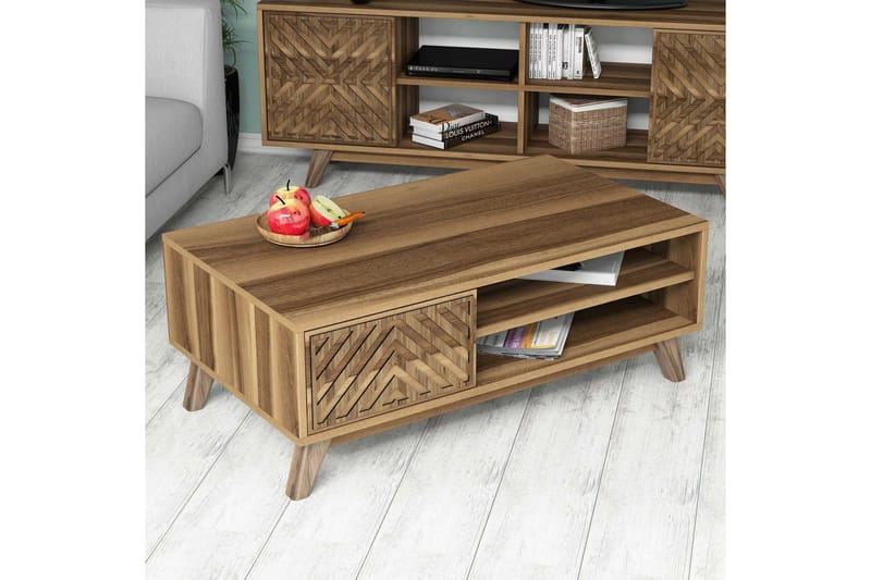 VARRED Soffbord 105 cm med Skåp + 2 Hyllor Linjer Valnötsbru - Brun - Möbler - Vardagsrum - Soffbord & vardagsrumsbord - Soffbord