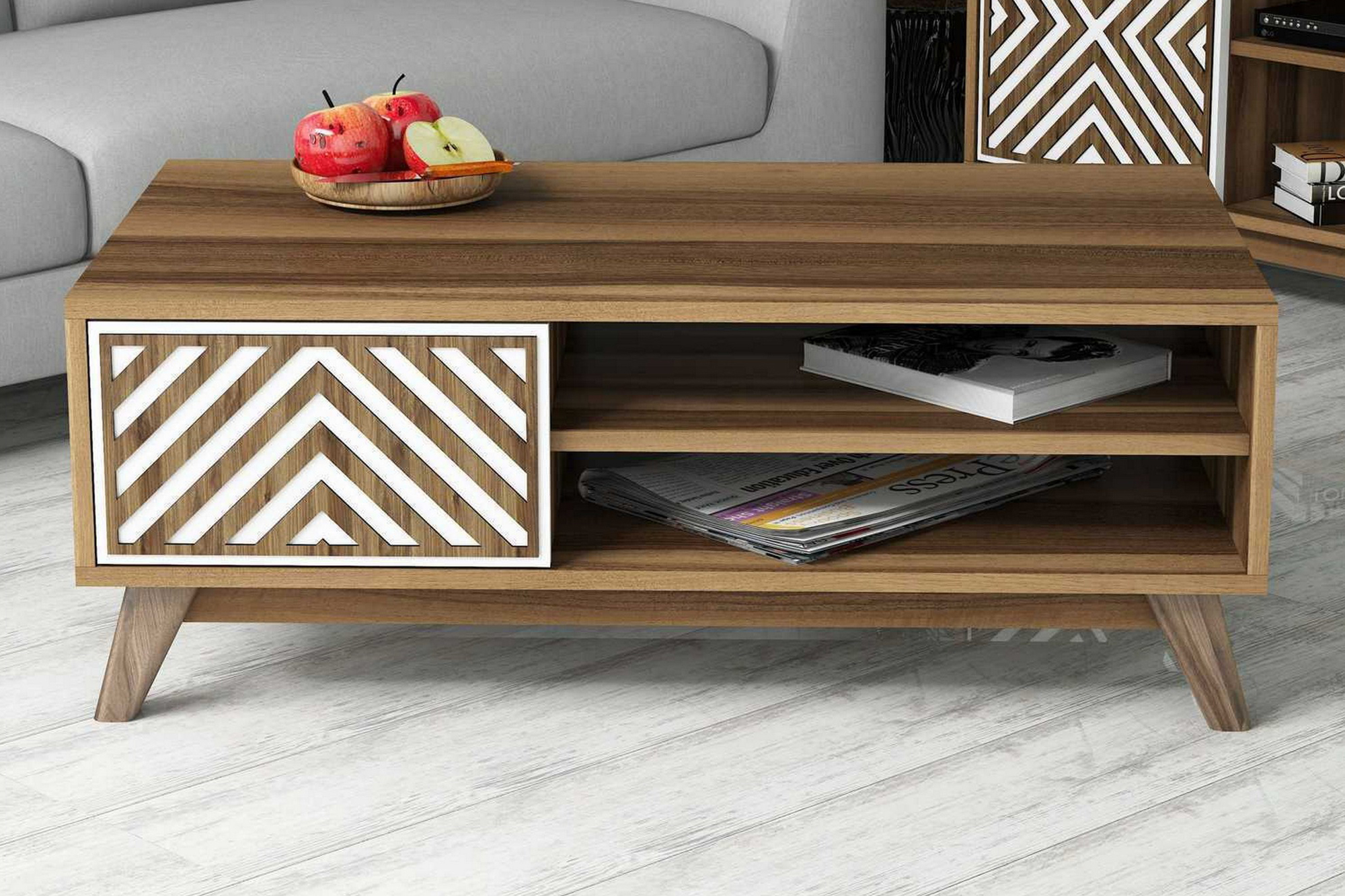 varred soffbord 105 cm med skåp+2 hyllor linjer valnötsbrun/ - vit/brun