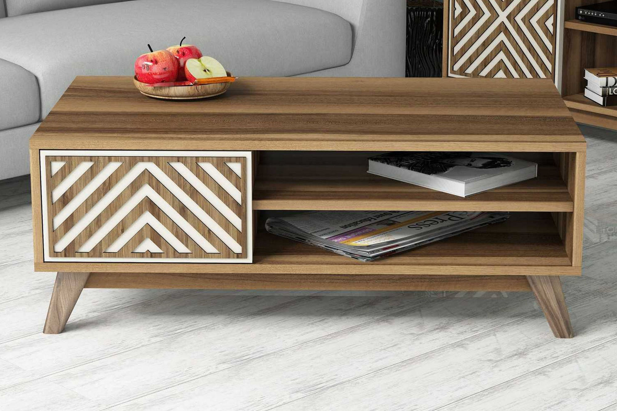 varred soffbord 105 med skåp+2 hyllor linjer valnötsbrun/krä - brun/vit/ek