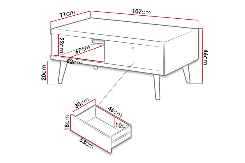 WAITES Soffbord 107 cm med Förvaring 2 Lådor + Hylla Ekfärg/ - Beige/Grå - Soffbord - Bord