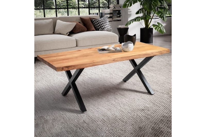 Soffbord Wohnling 120 cm massivt trä träd kant rektangulärt lantligt hus Svart, X-ram - Svart, X-ram - Möbler - Vardagsrum - Soffbord & vardagsrumsbord - Soffbord