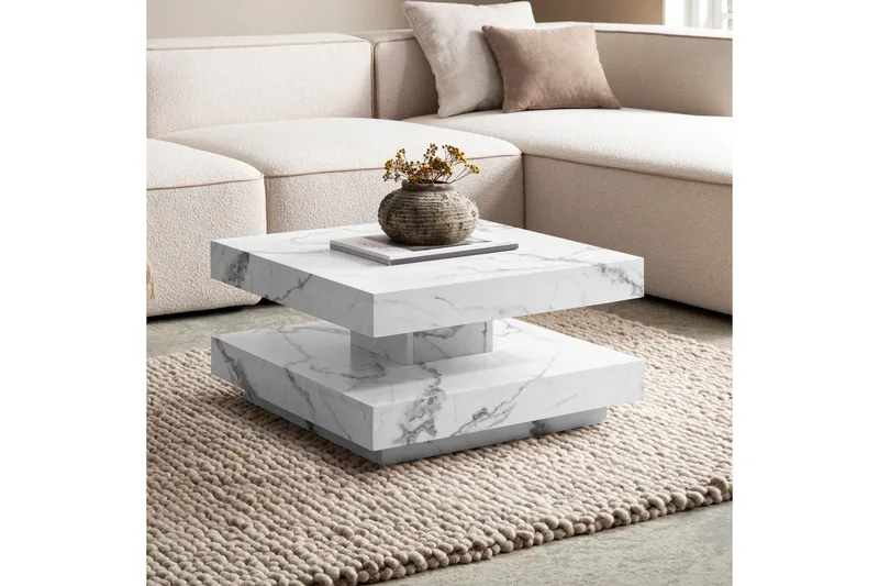 Soffbord Wohnling fyrkant 60 cm, stenoptikstil, modern look Marmor Vit - Marmor Vit - Möbler - Vardagsrum - Soffbord & vardagsrumsbord - Marmorbord