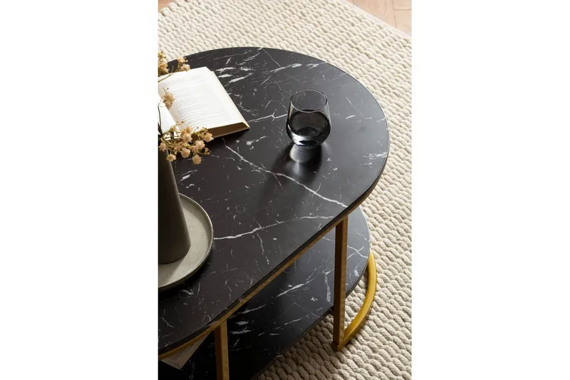 Soffbord Wohnling marmorutseende ovalt 100 cm med förvaringshylla, Bauhaus-stil Marmor Svart - Marmor Svart - Möbler - Vardagsrum - Soffbord & vardagsrumsbord - Marmorbord
