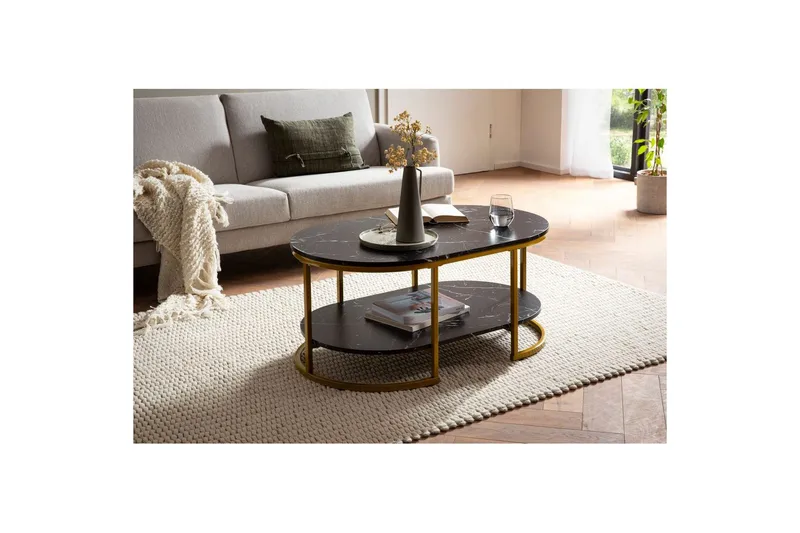 Soffbord Wohnling marmorutseende ovalt 100 cm med förvaringshylla, Bauhaus-stil Marmor Svart - Marmor Svart - Möbler - Vardagsrum - Soffbord & vardagsrumsbord - Marmorbord