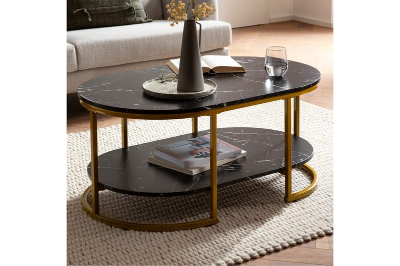 Soffbord Wohnling marmorutseende ovalt 100 cm med förvaringshylla, Bauhaus-stil Marmor Svart - Marmor Svart - Möbler - Vardagsrum - Soffbord & vardagsrumsbord - Soffbord
