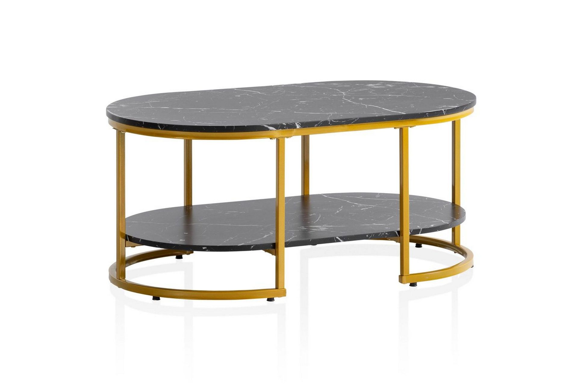 Soffbord Wohnling marmorutseende ovalt 100 cm med f&ouml;rvaringshylla, Bauhaus-stil Marmor Svart - Marmor Svart