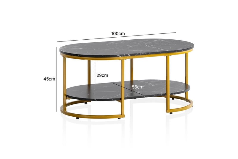 Soffbord Wohnling marmorutseende ovalt 100 cm med förvaringshylla, Bauhaus-stil Marmor Svart - Marmor Svart - Möbler - Vardagsrum - Soffbord & vardagsrumsbord - Soffbord