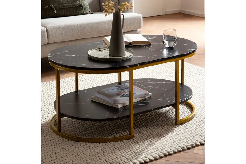 Soffbord Wohnling marmorutseende ovalt 100 cm med förvaringshylla, Bauhaus-stil Marmor Svart - Marmor Svart - Möbler - Vardagsrum - Soffbord & vardagsrumsbord - Marmorbord