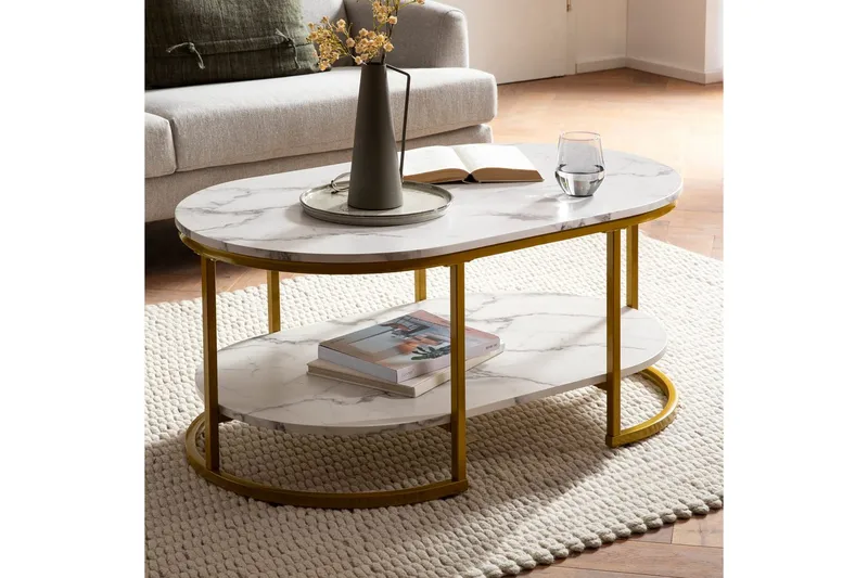 Soffbord Wohnling marmorutseende ovalt 100 cm med förvaringshylla, Bauhaus-stil Marmor Vit - Marmor Vit - Möbler - Vardagsrum - Soffbord & vardagsrumsbord - Soffbord